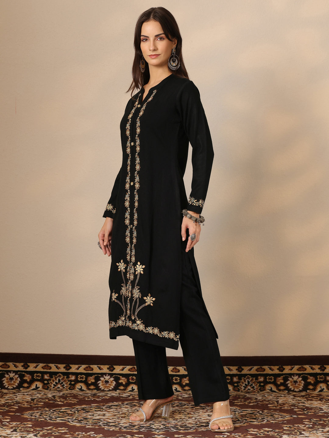  Black Embroidered Wool Straight Kurta 