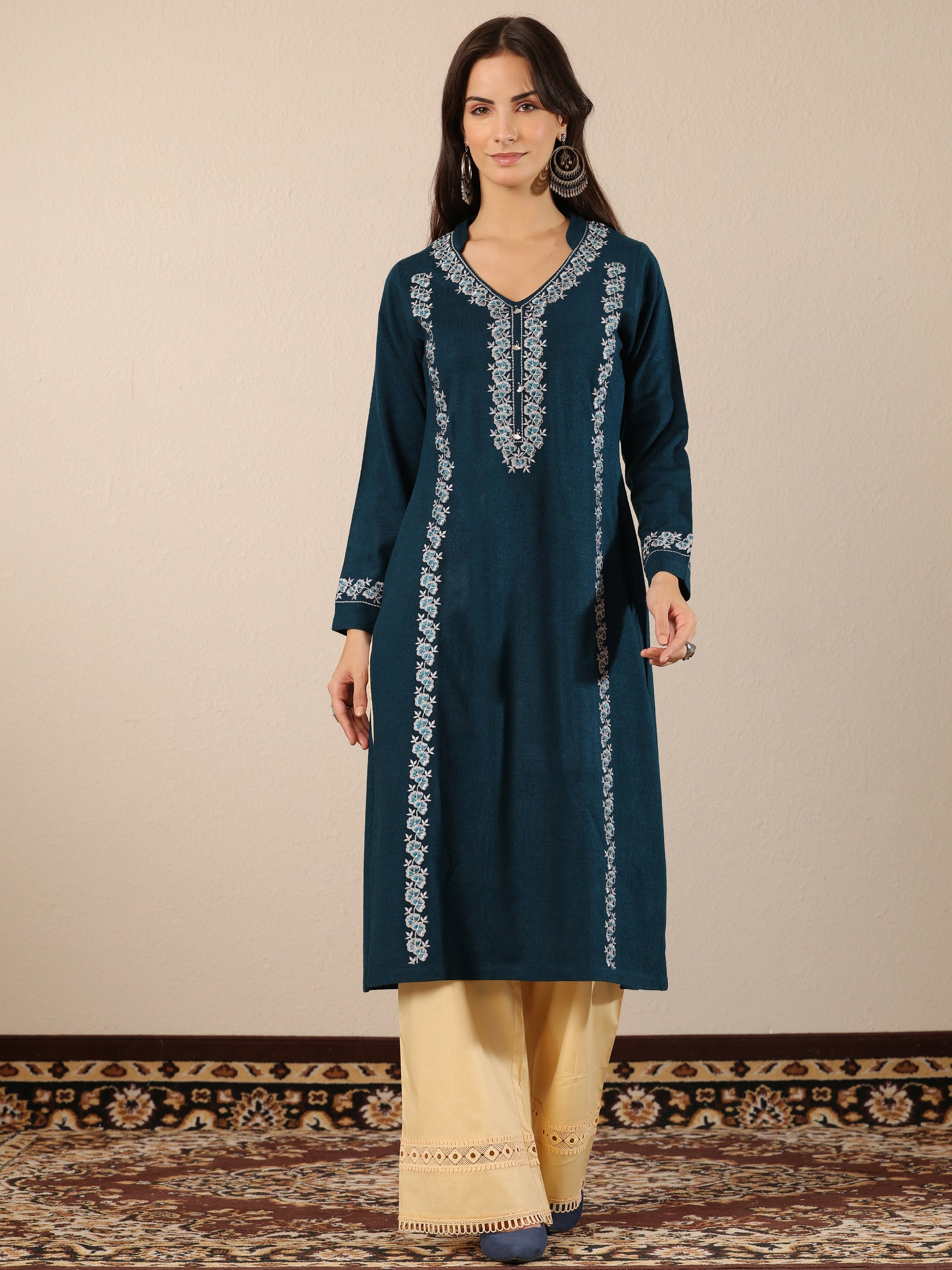 libas Teal Embroidered Wool Straight Kurta-picture-38