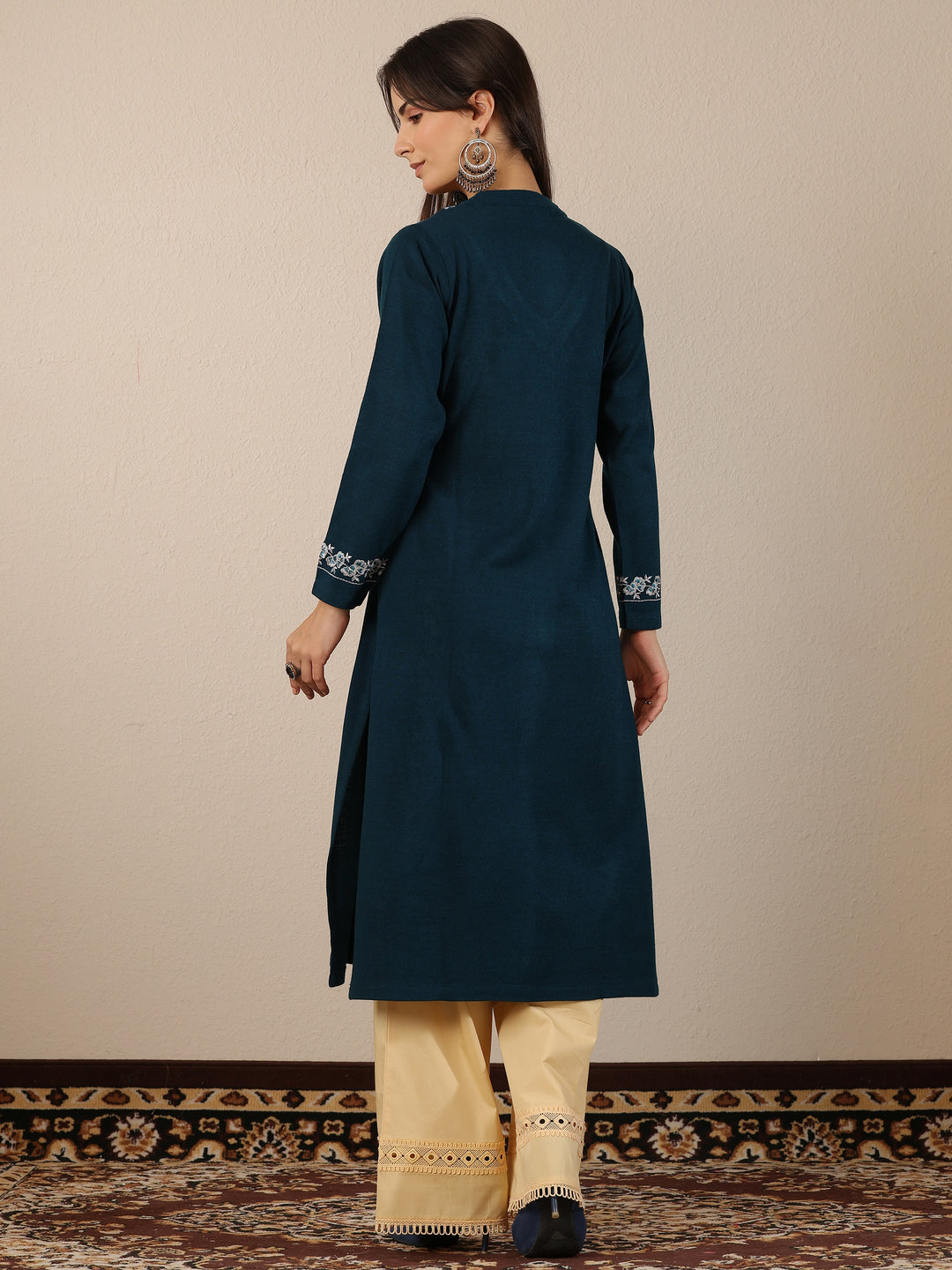  Teal Embroidered Wool Straight Kurta 