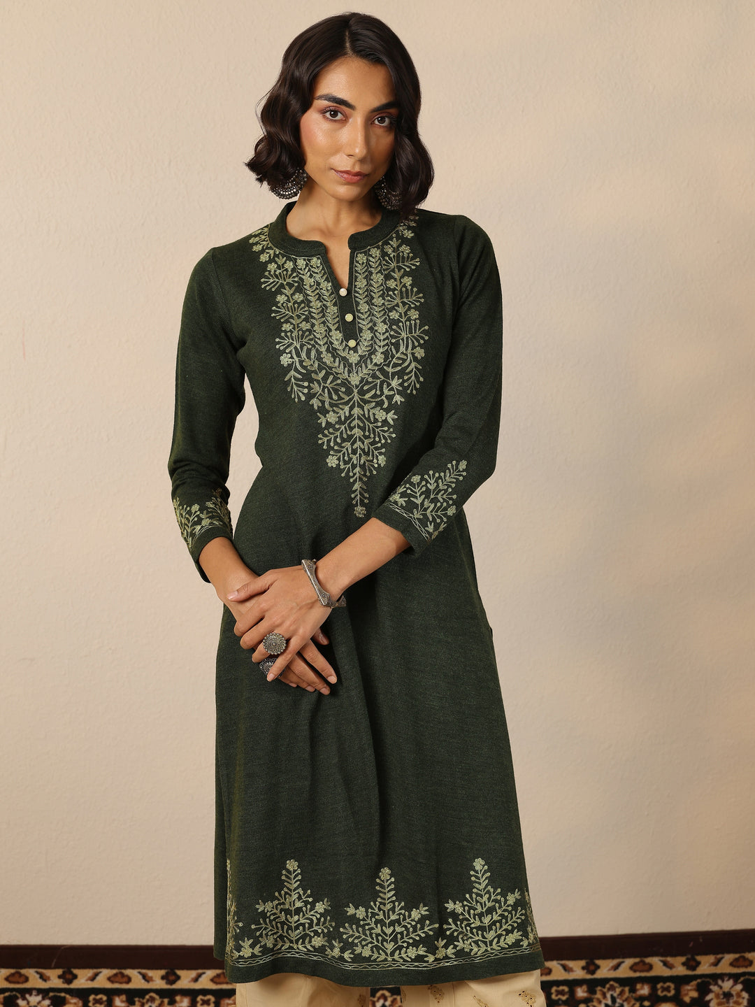  Olive Embroidered Wool Straight Kurta 