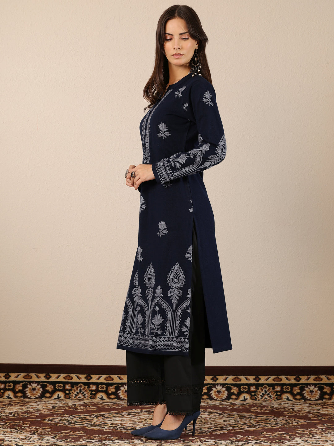  Navy Blue Embroidered Wool Straight Kurta 