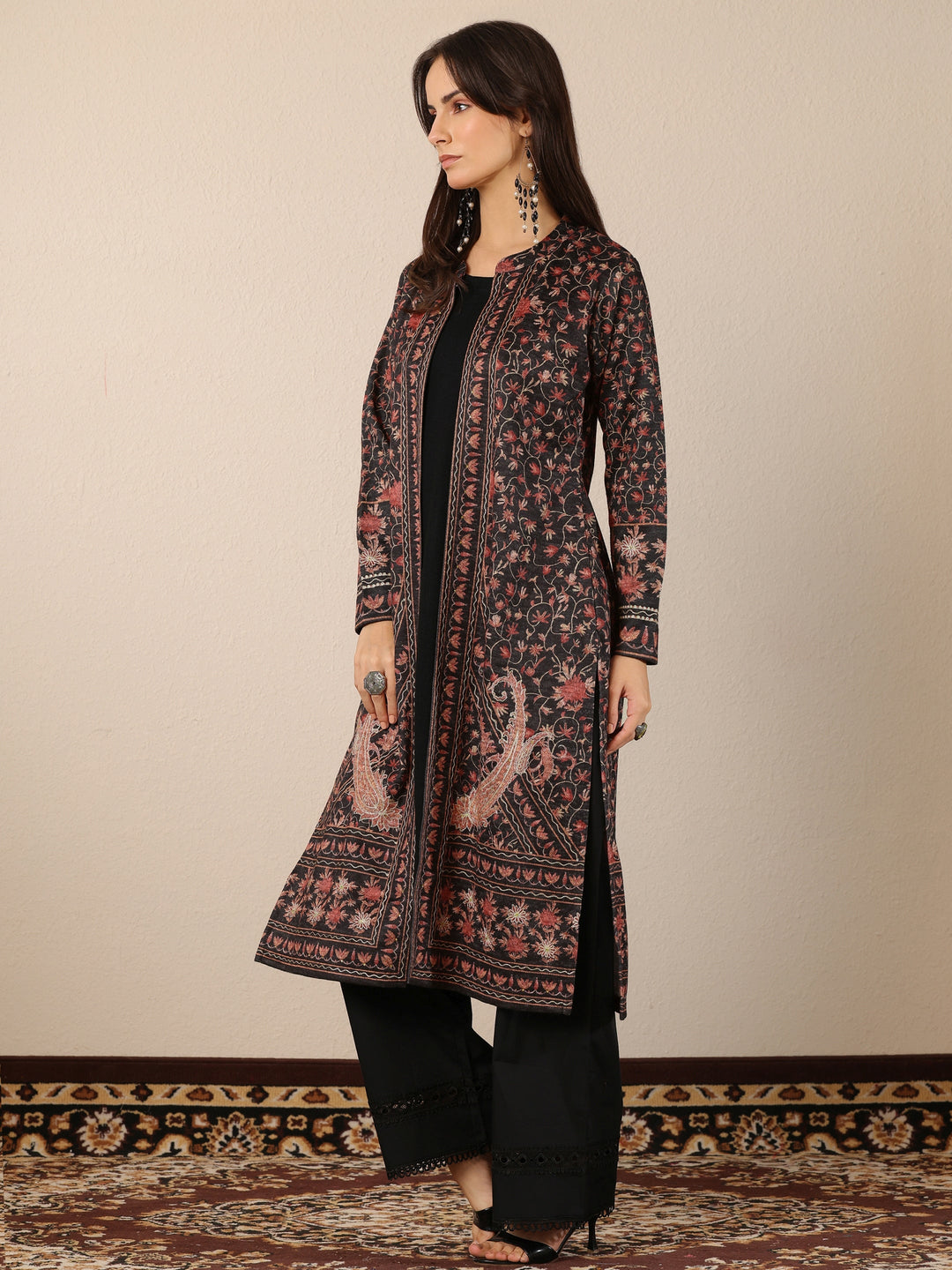  Charcoal Printed Wool Straight Kurta 