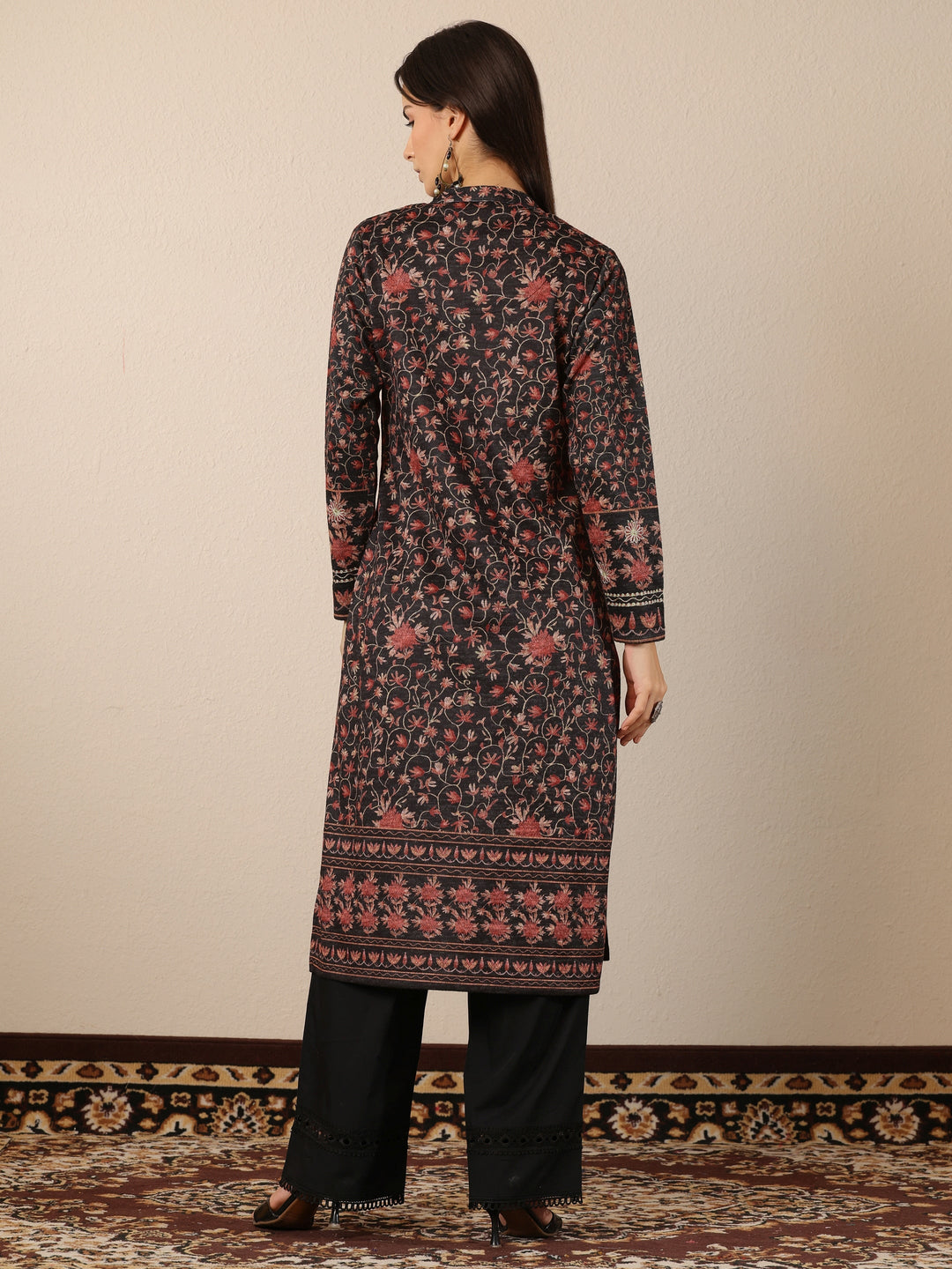  Charcoal Printed Wool Straight Kurta 