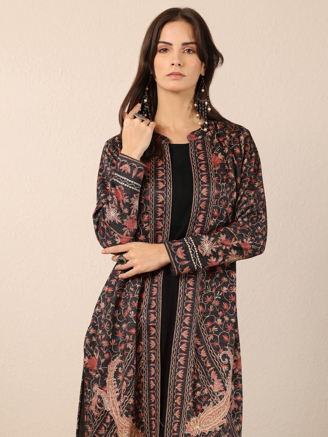  Charcoal Printed Wool Straight Kurta 