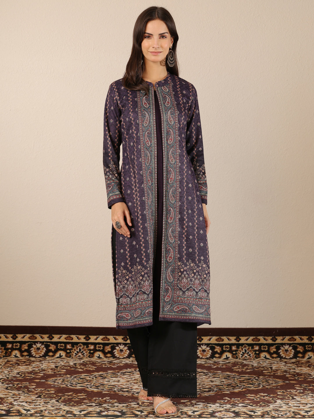  Burgundy Printed Wool Straight Kurta 