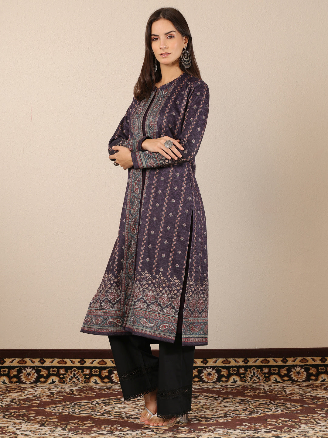  Burgundy Printed Wool Straight Kurta 