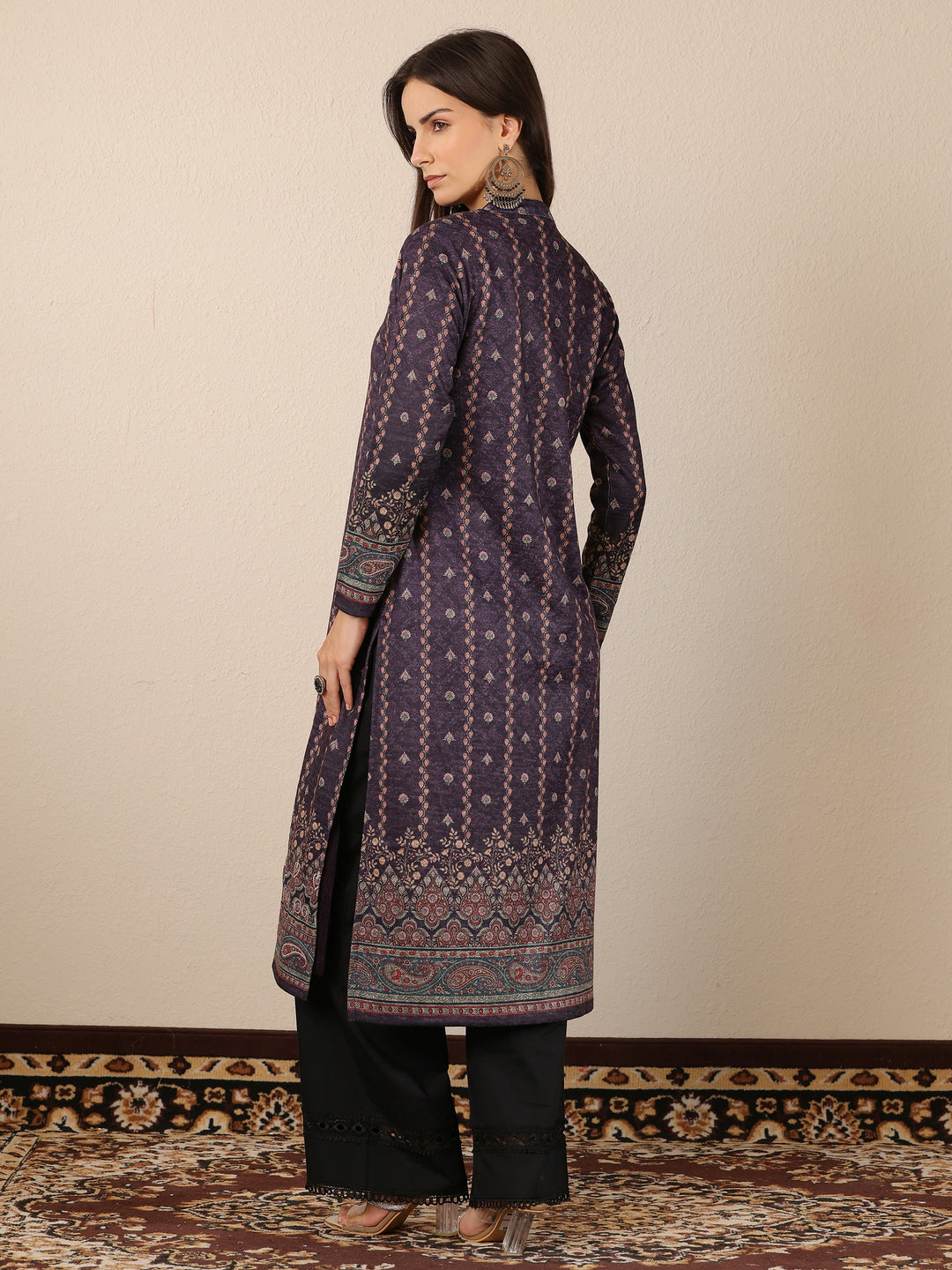  Burgundy Printed Wool Straight Kurta 