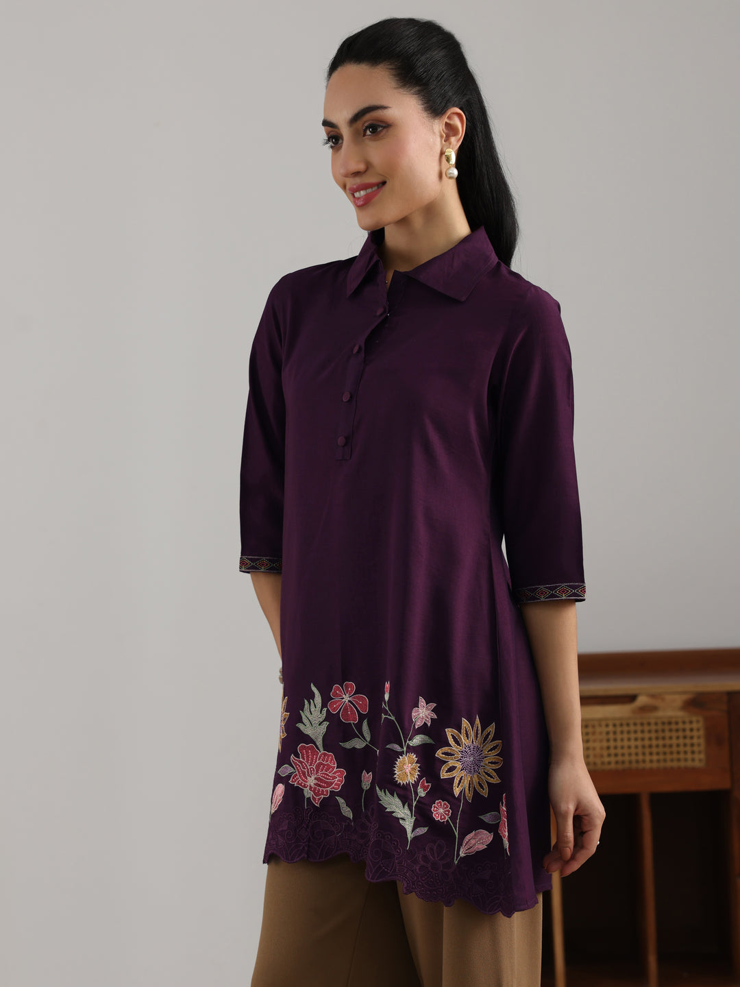  Burgundy Embroidered Silk Blend Straight Short Kurti 