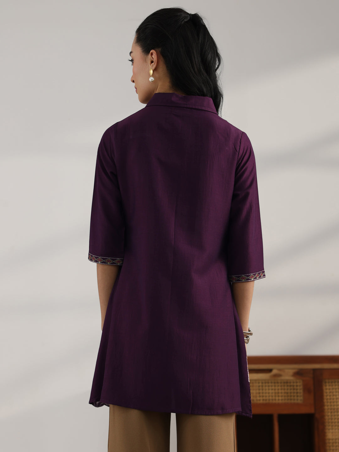  Burgundy Embroidered Silk Blend Straight Short Kurti 