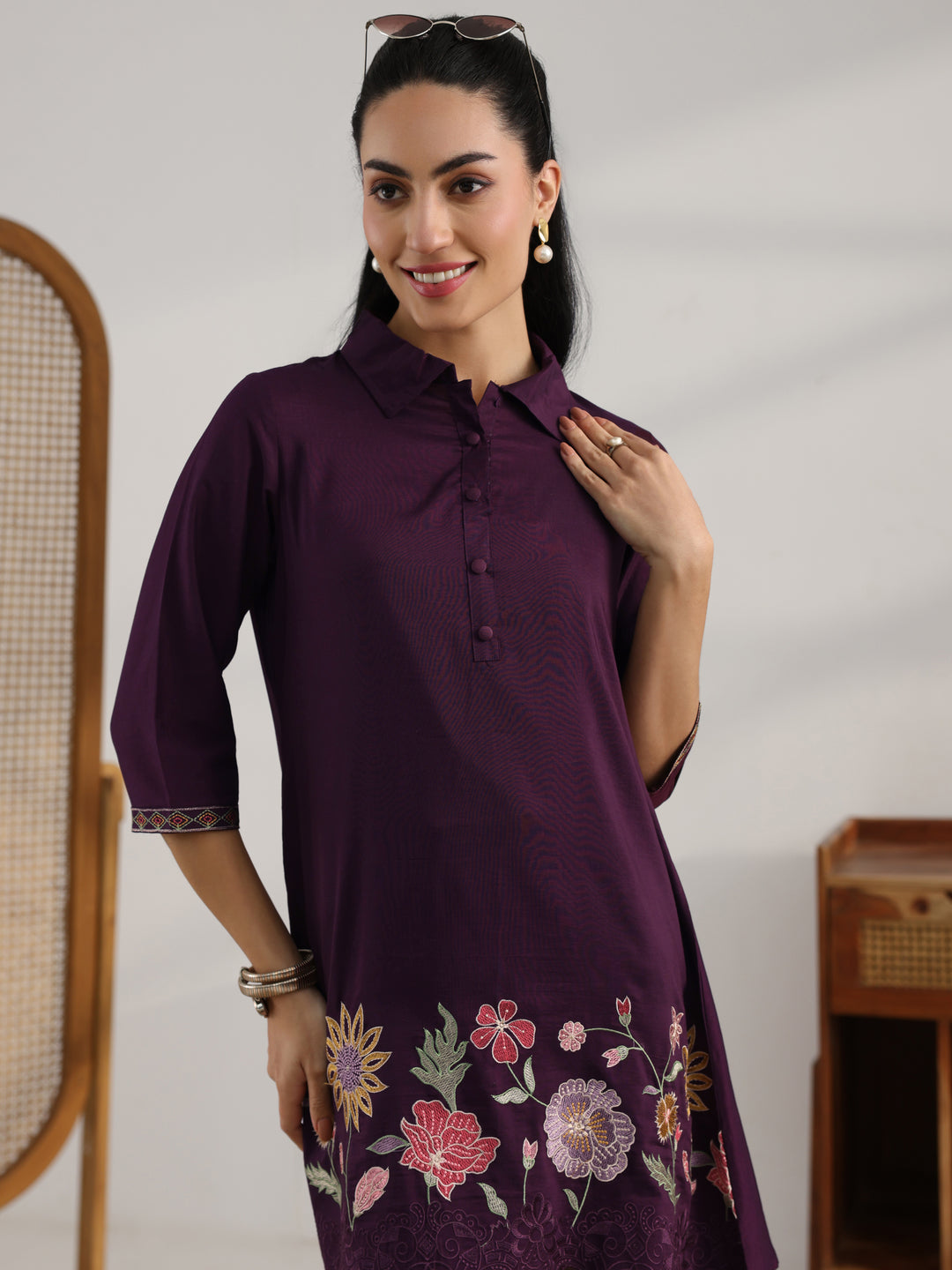  Burgundy Embroidered Silk Blend Straight Short Kurti 