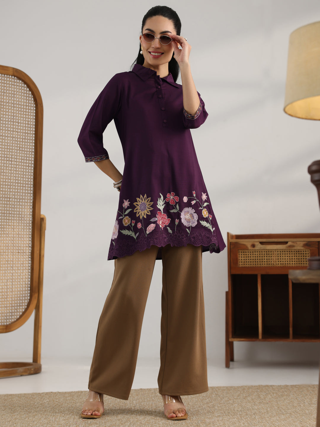  Burgundy Embroidered Silk Blend Straight Short Kurti 