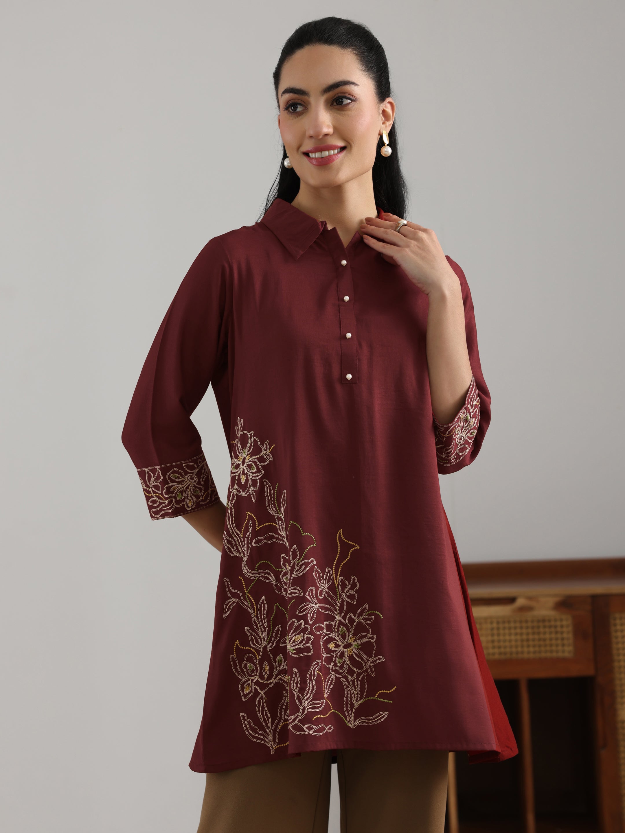 libas Maroon Embroidered Silk Blend Straight Short Kurti-picture-34