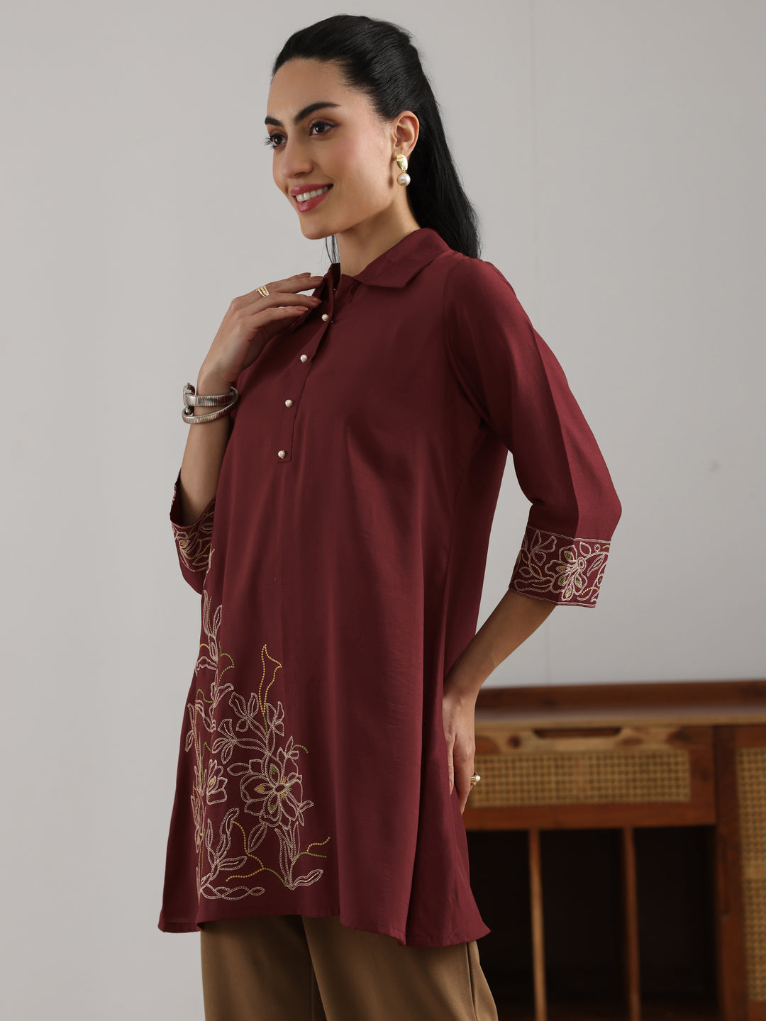  Maroon Embroidered Silk Blend Straight Short Kurti 