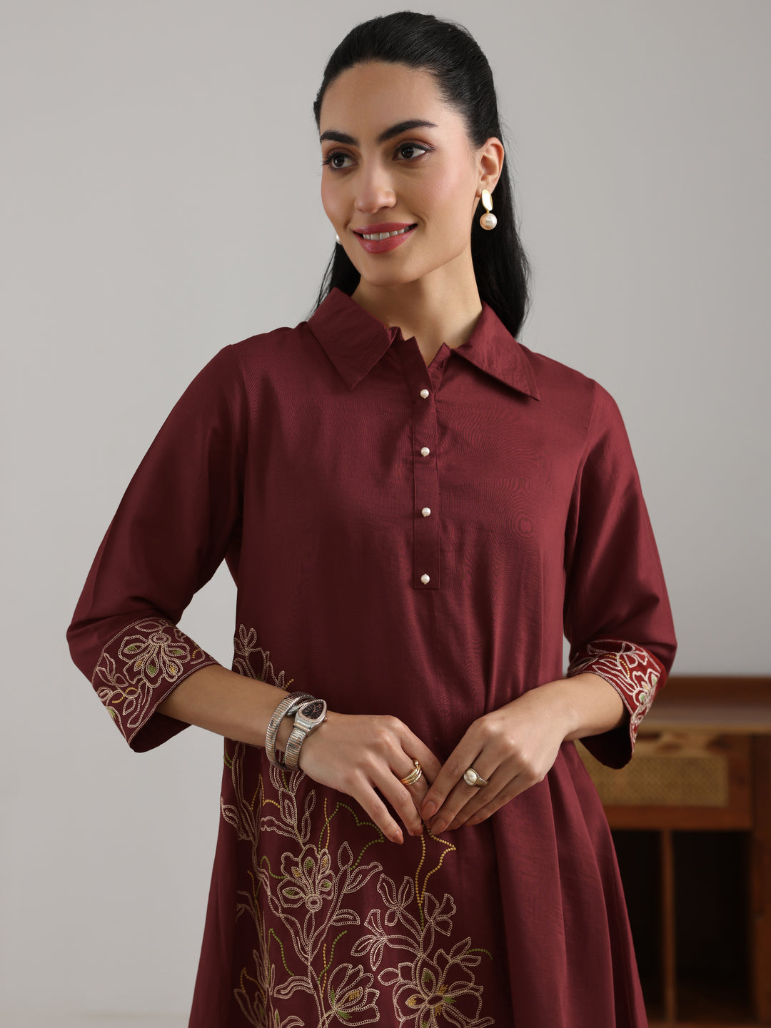  Maroon Embroidered Silk Blend Straight Short Kurti 