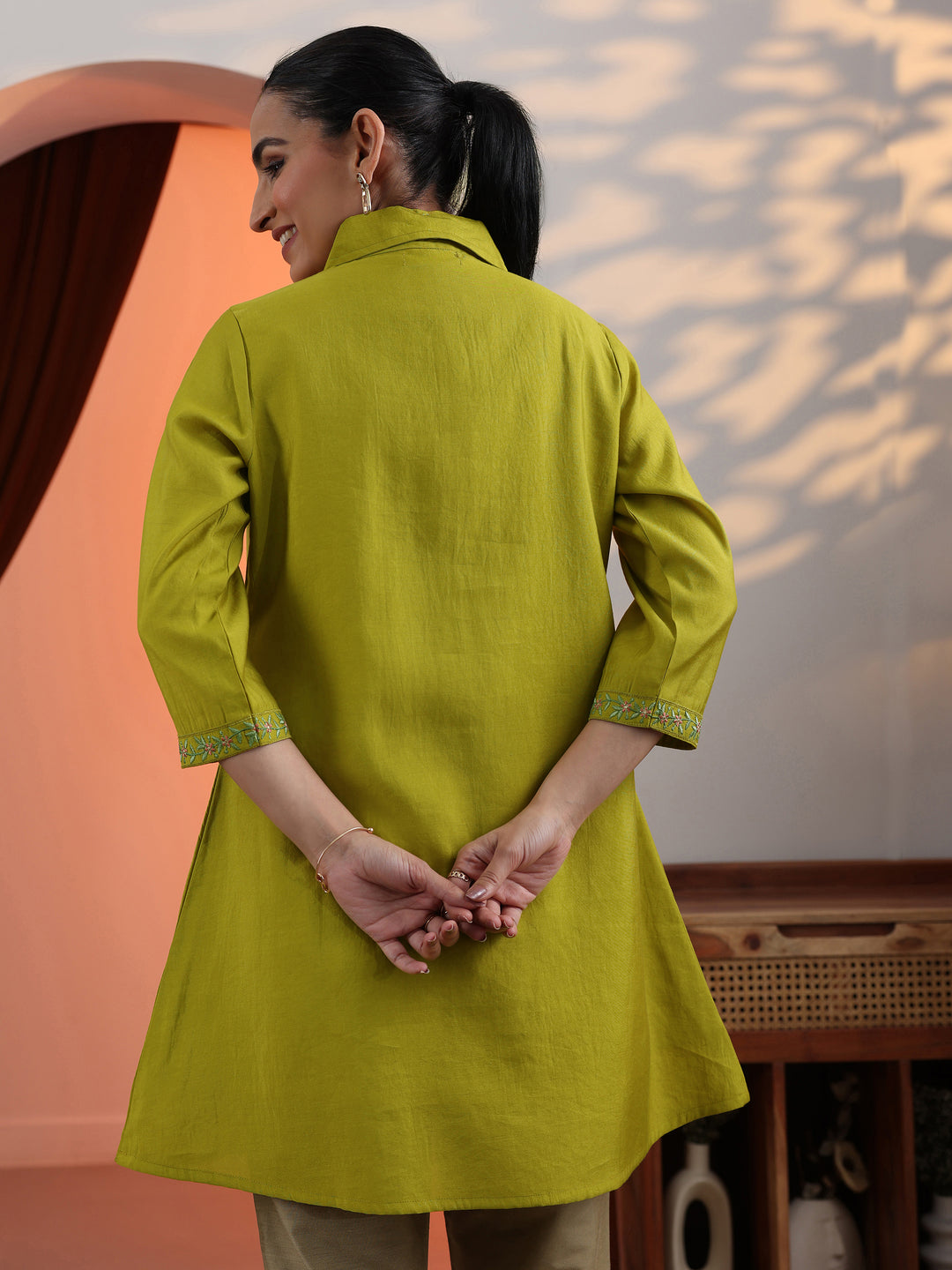  Lime Green Embroidered Silk Blend Shirt 