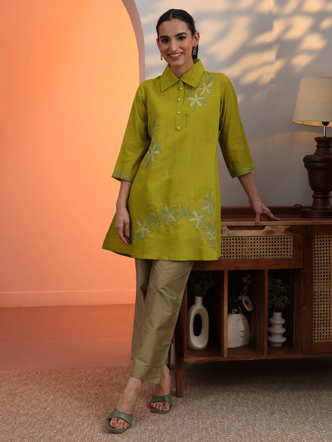 Lime Green Embroidered Silk Blend Shirt 
