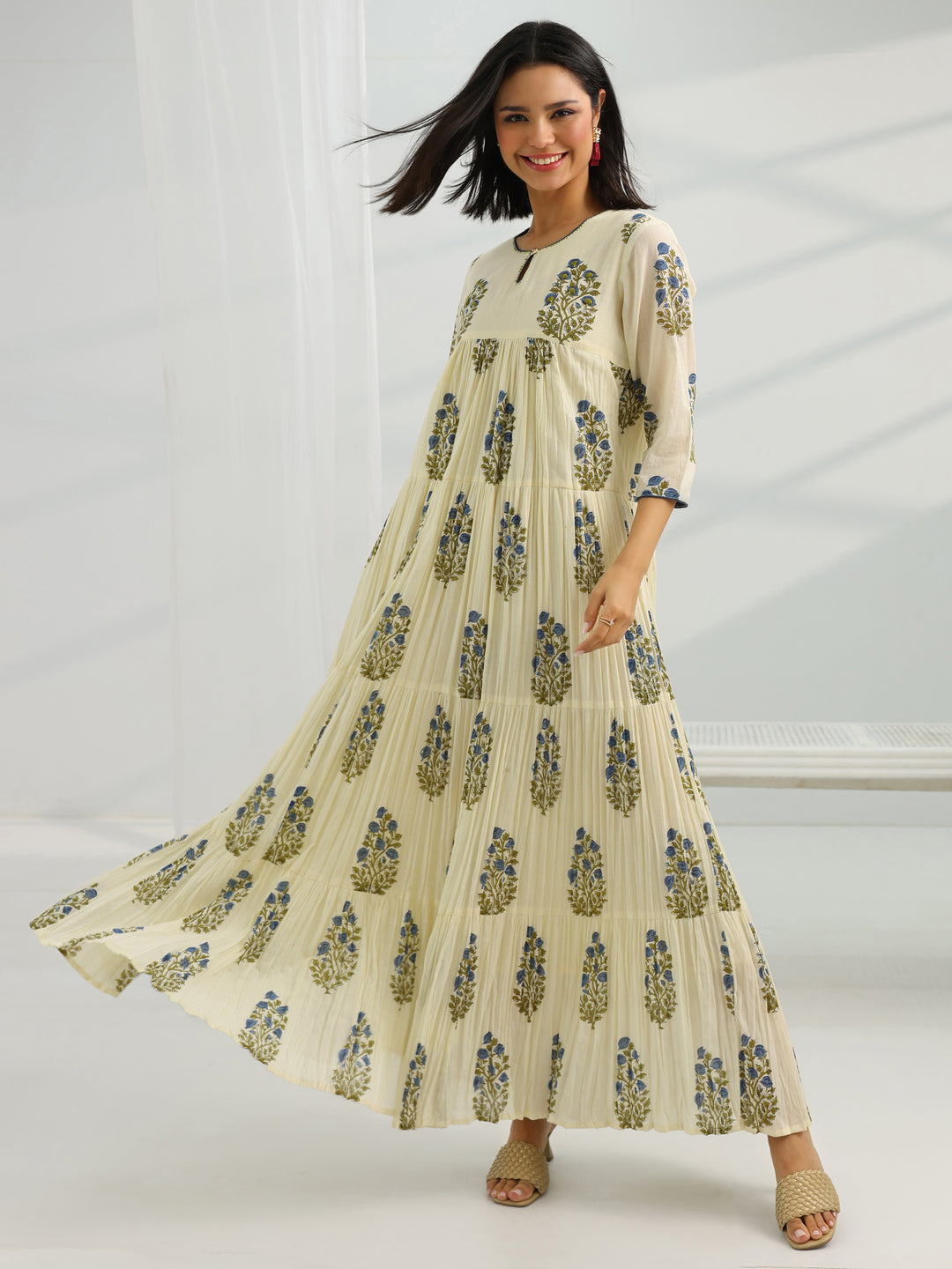  Off White Printed Cotton One Piece Dress A-Line 