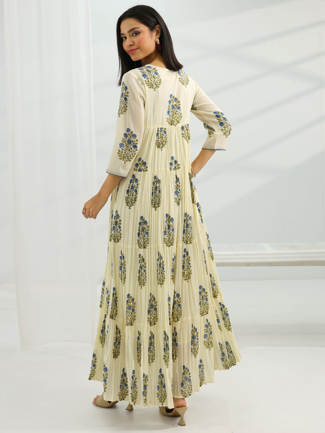 Off White Printed Cotton One Piece Dress A-Line 