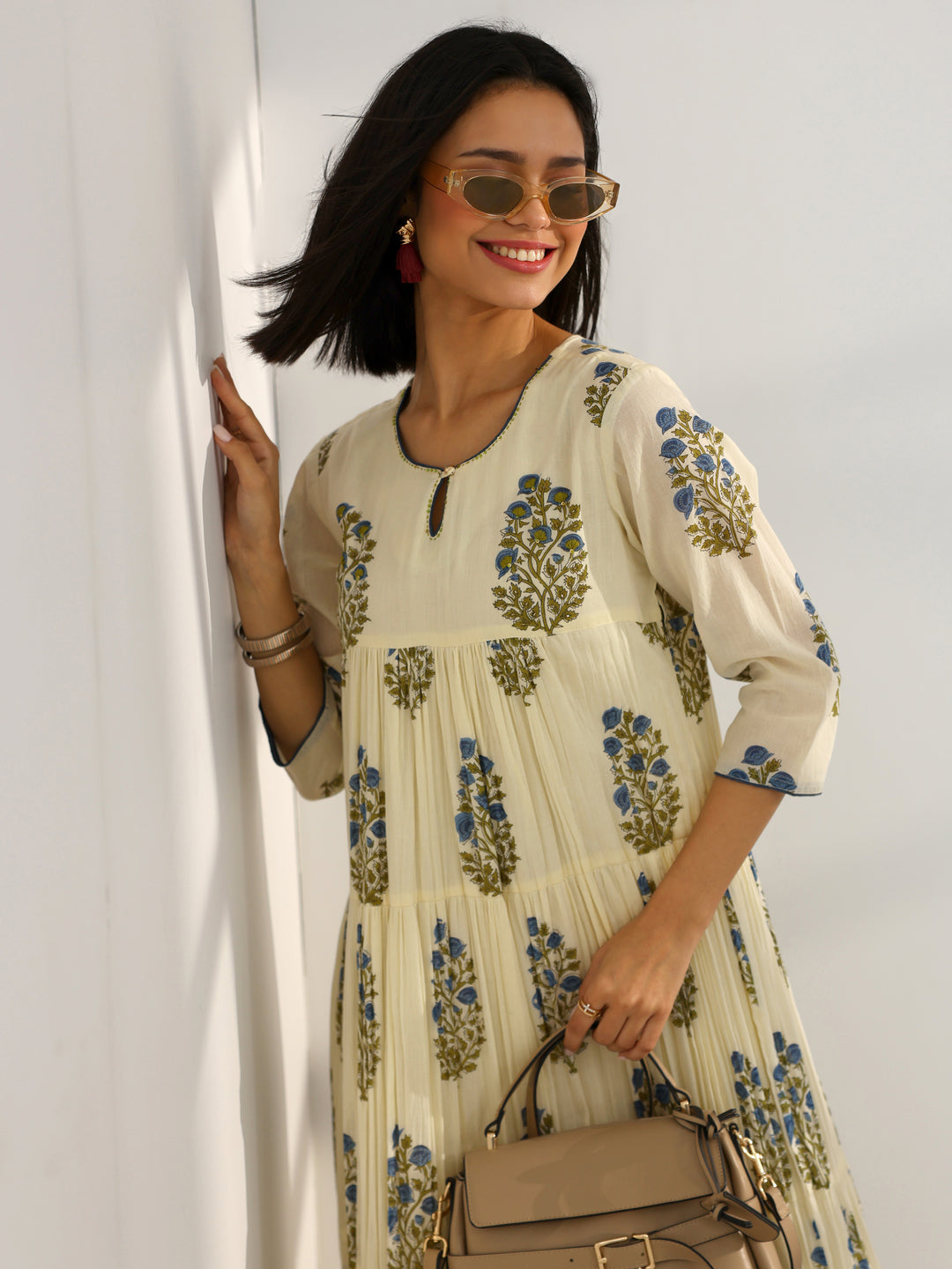  Off White Printed Cotton One Piece Dress A-Line 