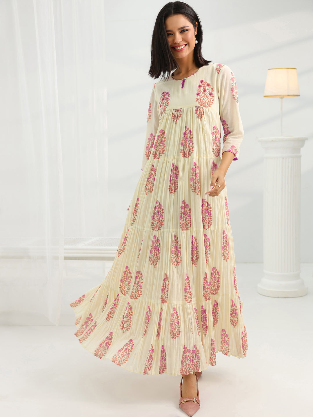 Off White Printed Cotton A-Line One Piece Dress