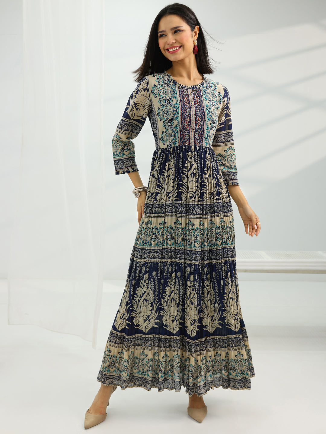  Navy Blue Printed Cotton A-Line One Piece Dress 