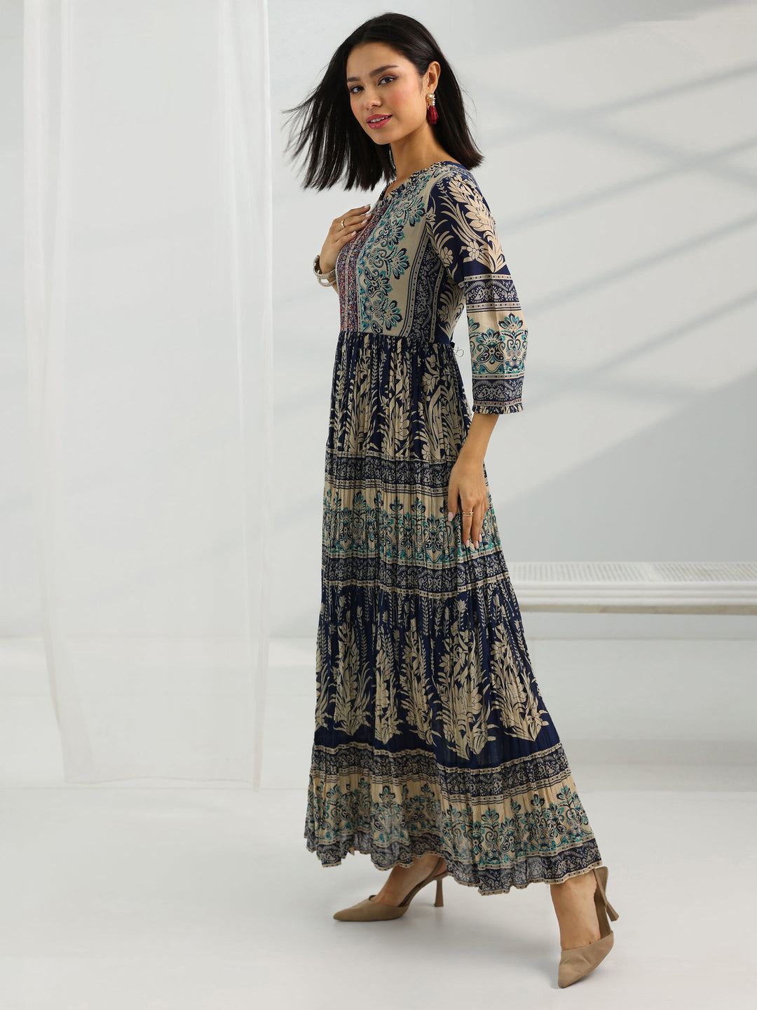  Navy Blue Printed Cotton A-Line One Piece Dress 