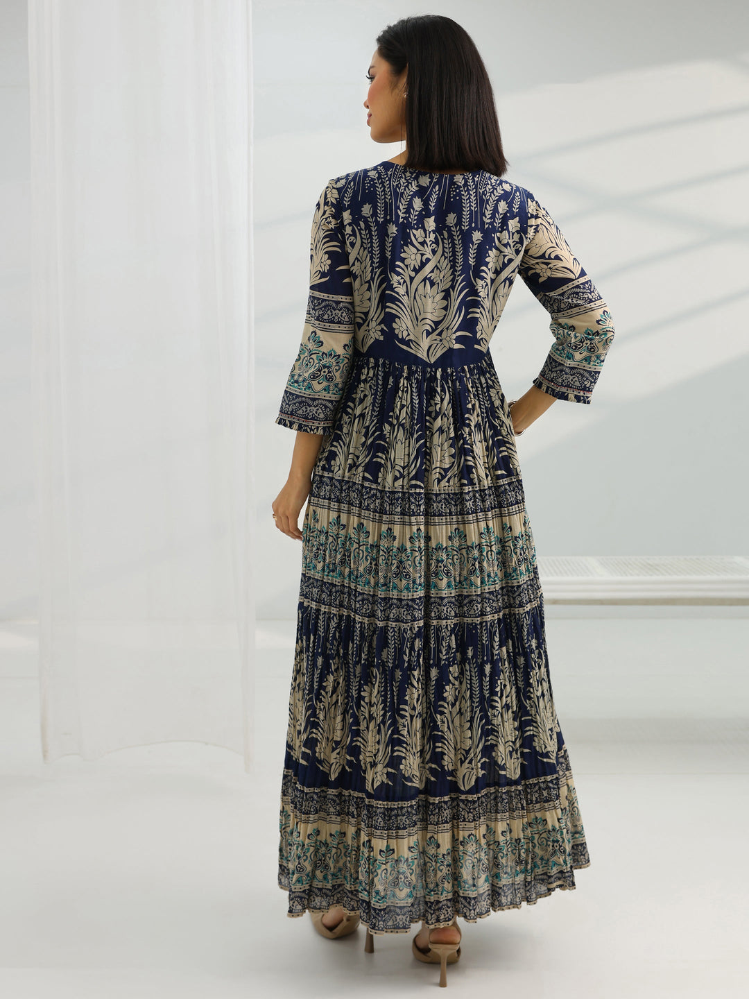  Navy Blue Printed Cotton A-Line One Piece Dress 