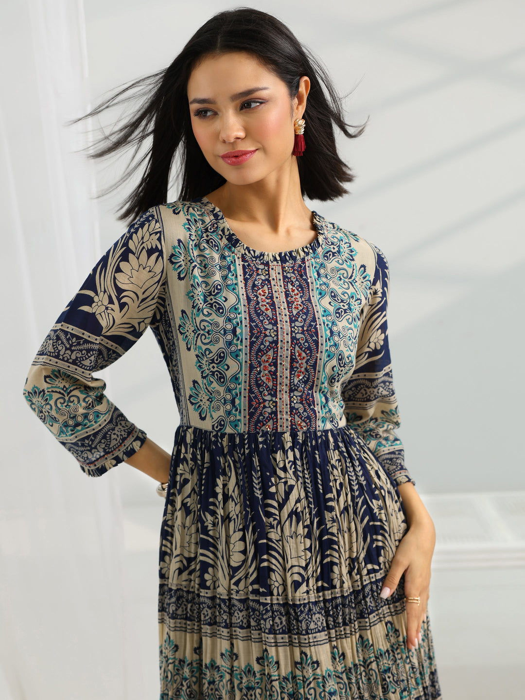  Navy Blue Printed Cotton A-Line One Piece Dress 