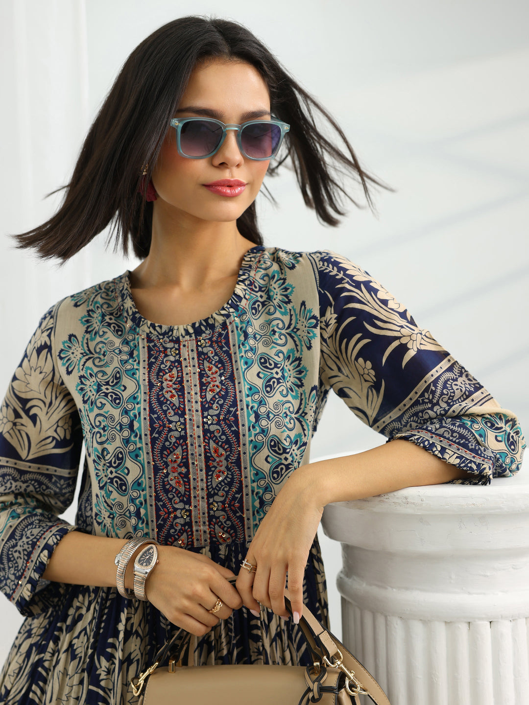  Navy Blue Printed Cotton A-Line One Piece Dress 