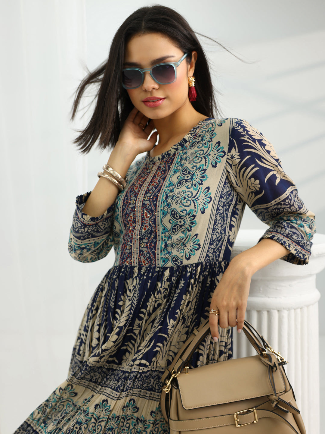 Navy Blue Printed Cotton A-Line One Piece Dress