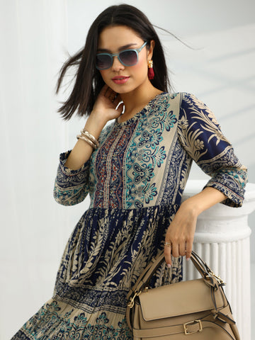 Navy Blue Printed Cotton A-Line One Piece Dress