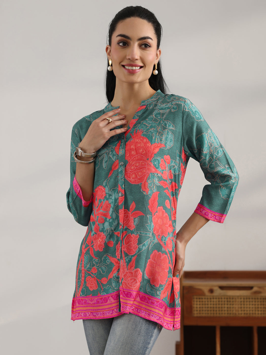  Blue Printed Muslin Straight Short Kurti 
