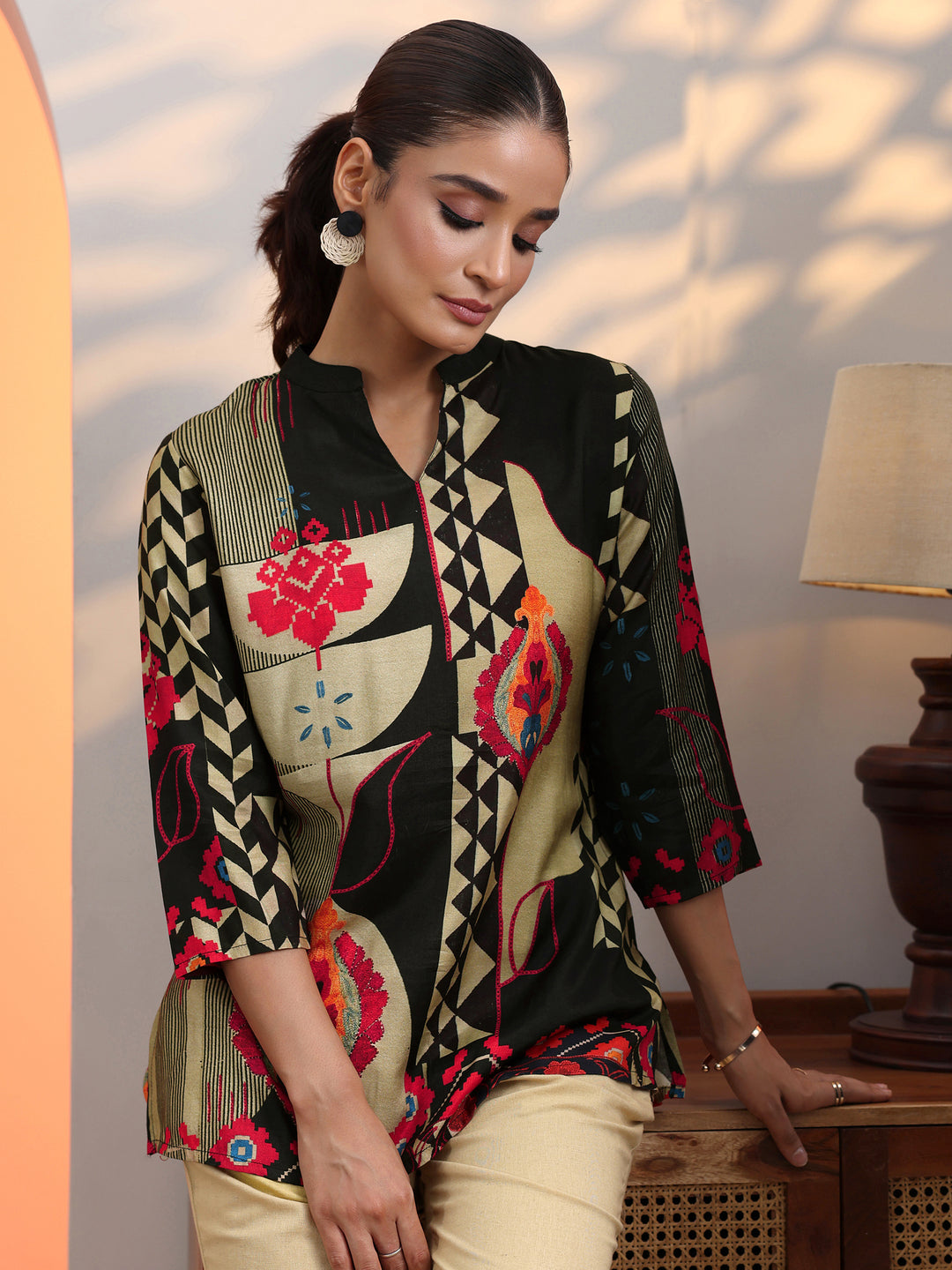 Black Printed Muslin Straight Short Kurti