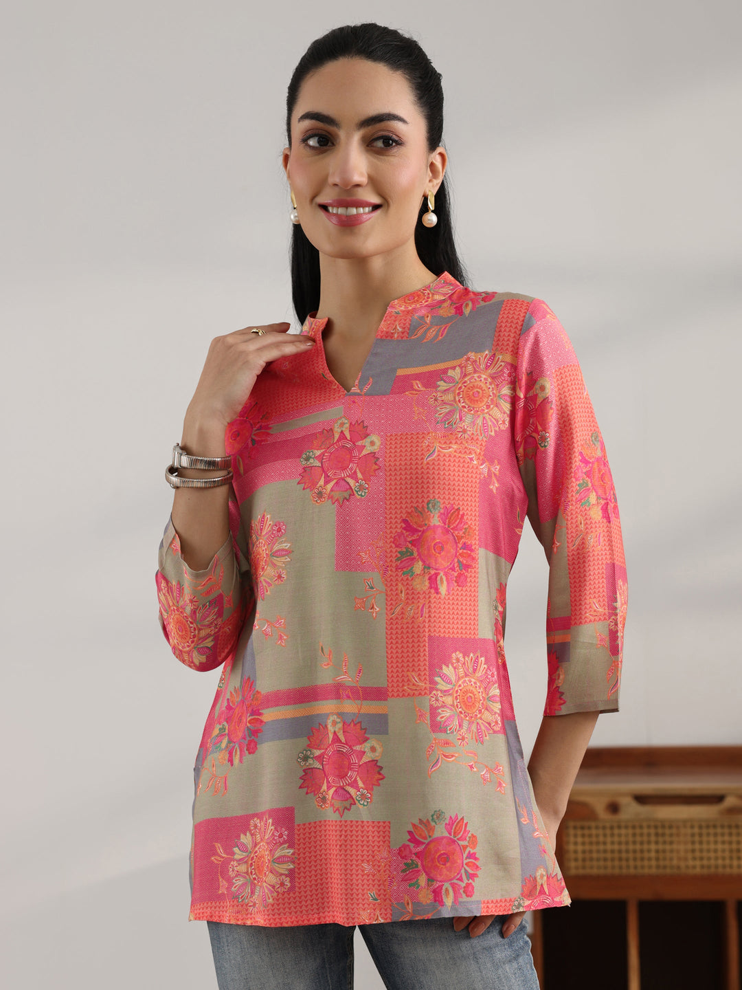  Coral Printed Muslin Straight Short Kurti 