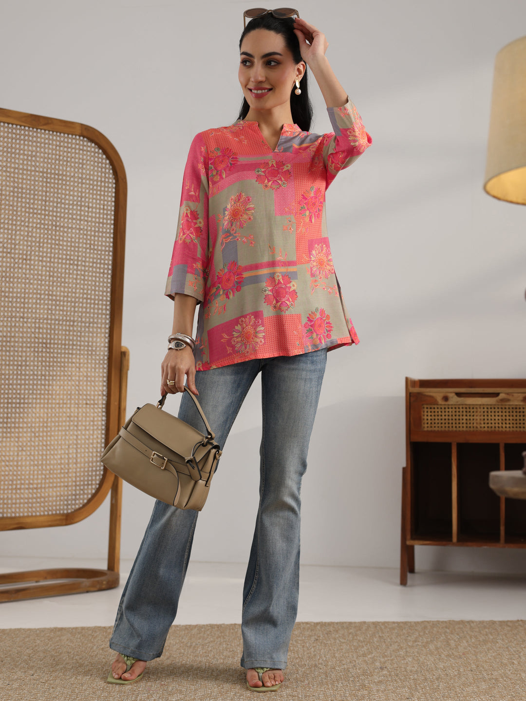  Coral Printed Muslin Straight Short Kurti 