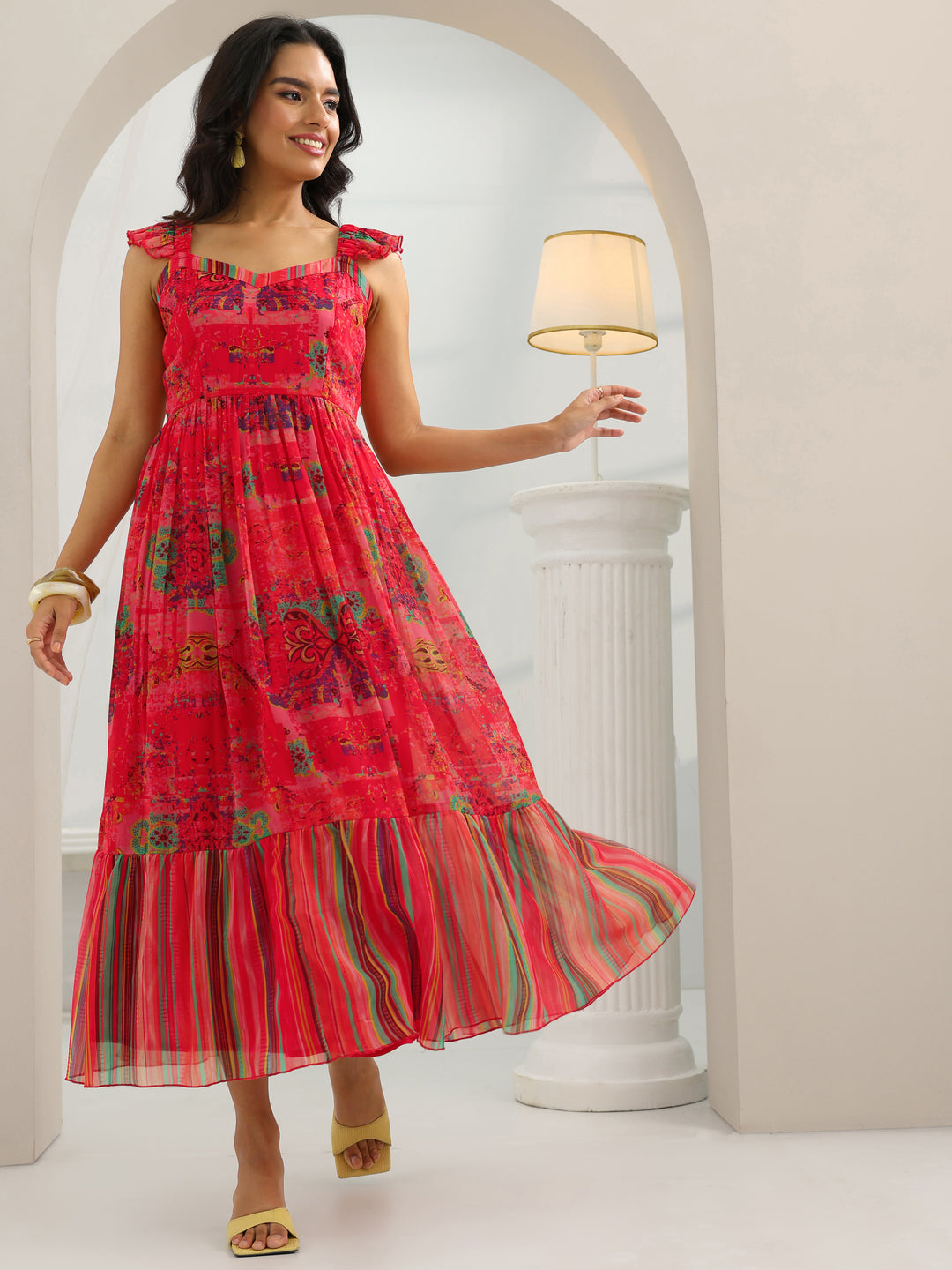  Coral Printed Chiffon Fit And Flare One Piece Dress 