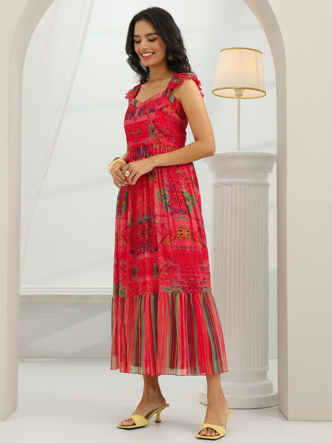  Coral Printed Chiffon Fit And Flare One Piece Dress 