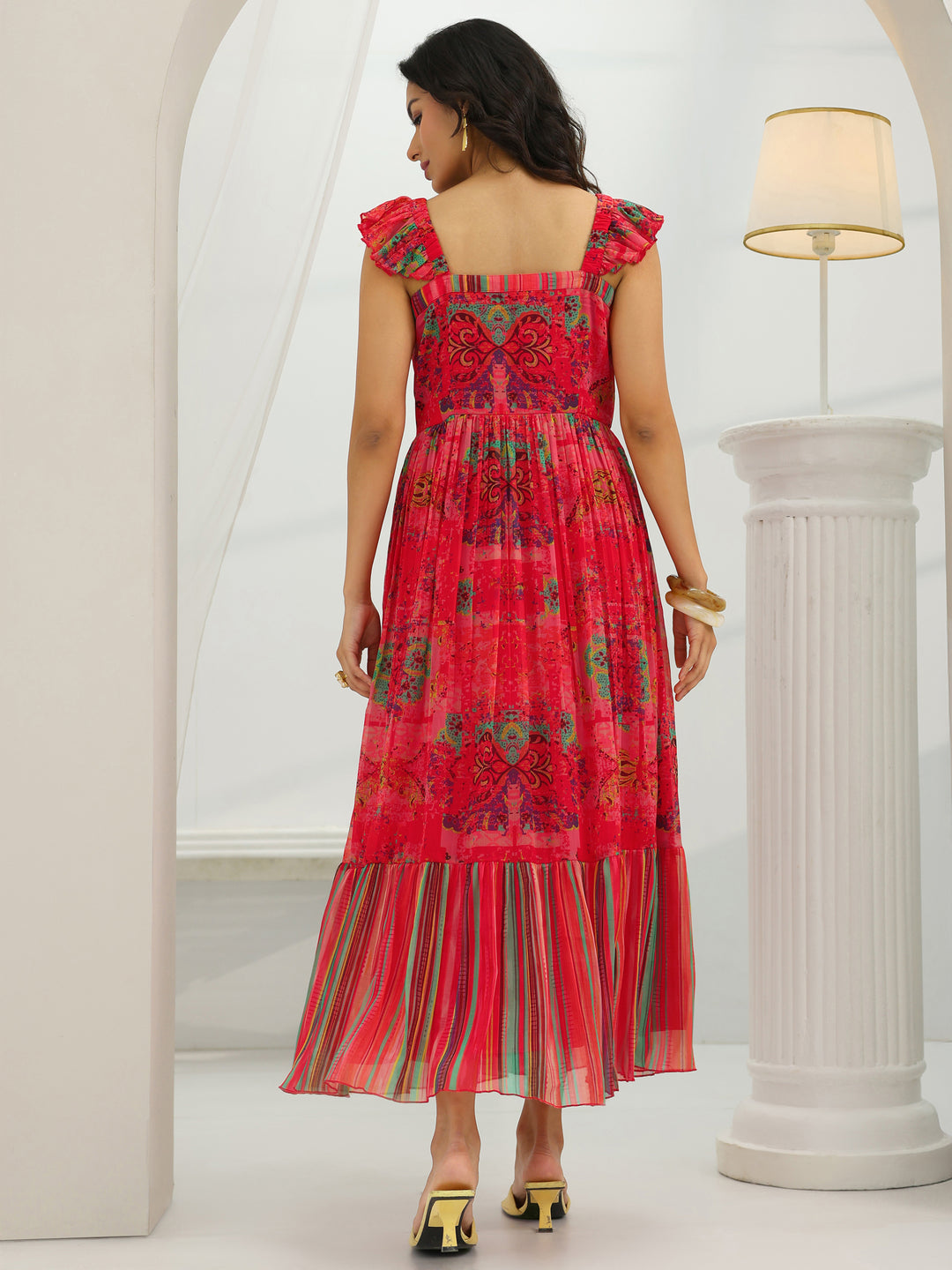  Coral Printed Chiffon Fit And Flare One Piece Dress 