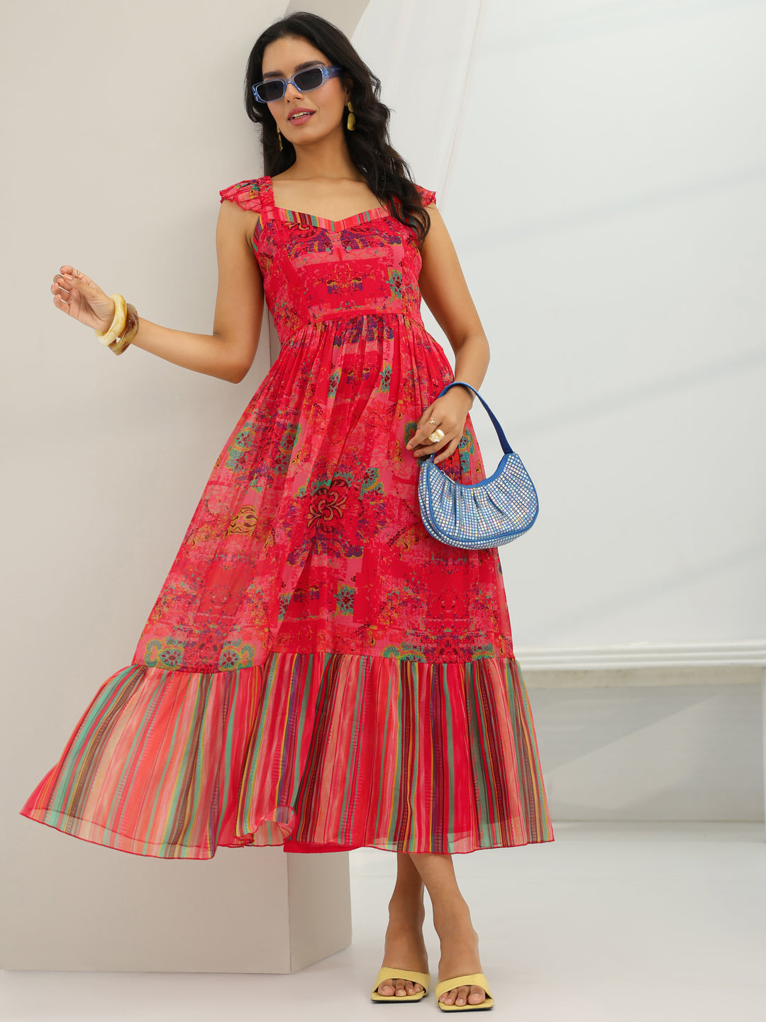  Coral Printed Chiffon Fit And Flare One Piece Dress 