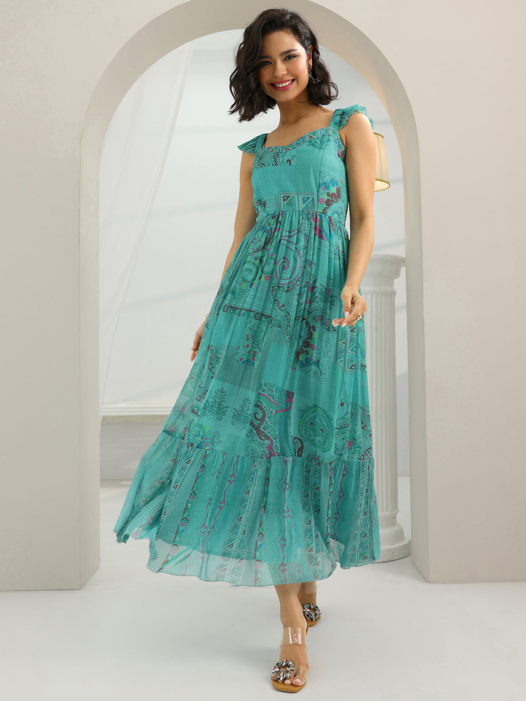 Blue Printed Chiffon Fit And Flare One Piece Dress
