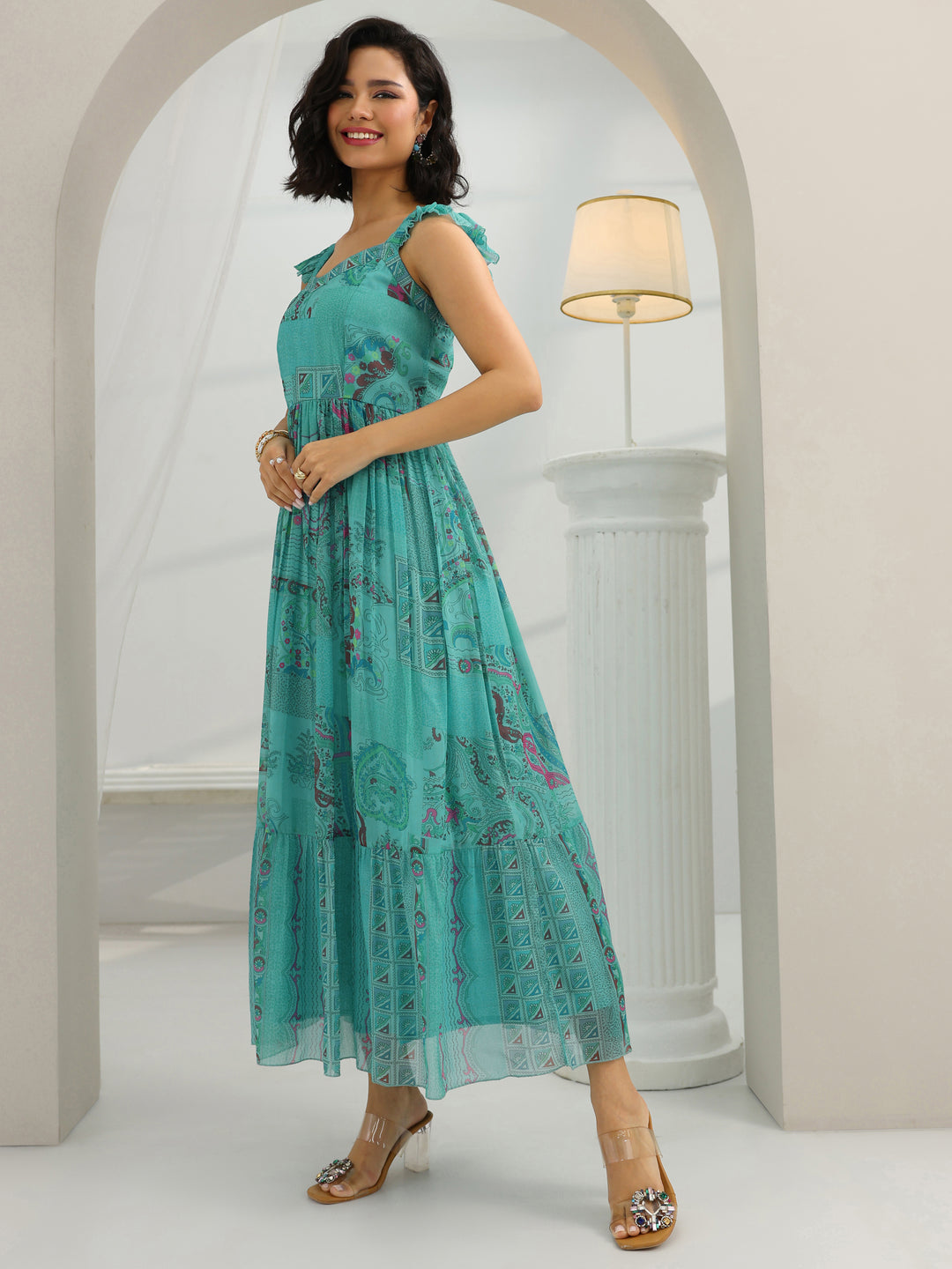  Blue Printed Chiffon Fit And Flare One Piece Dress 