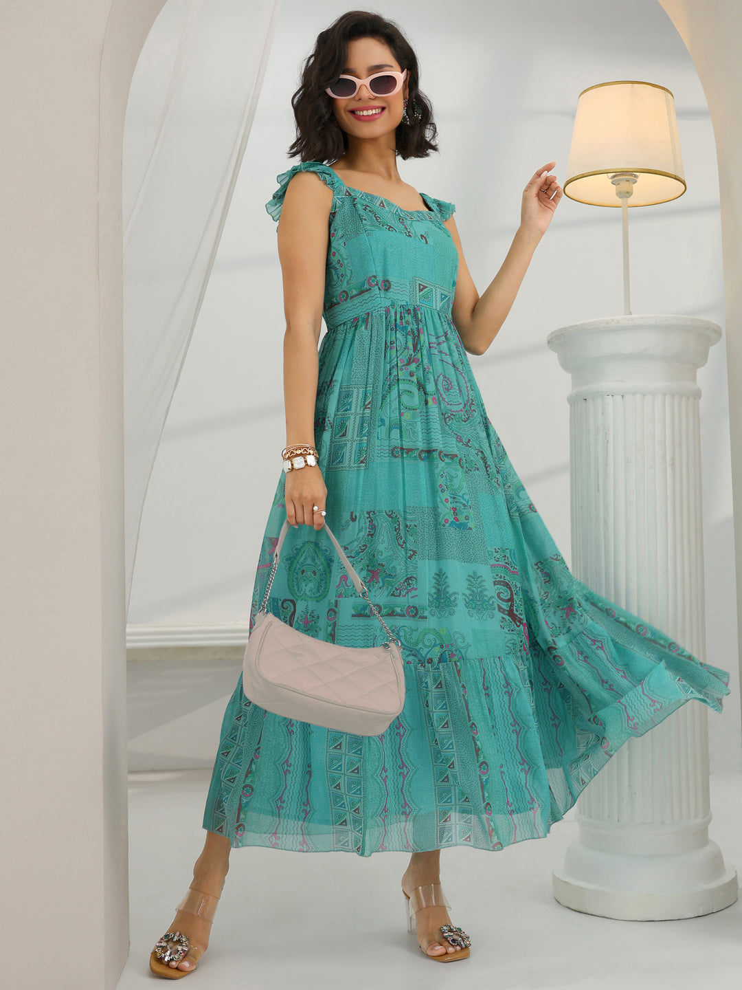  Blue Printed Chiffon Fit And Flare One Piece Dress 