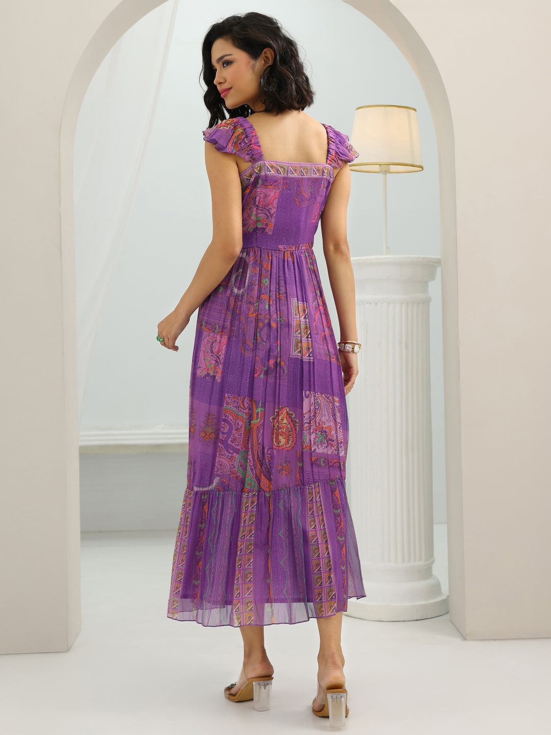  Purple Printed Chiffon Fit And Flare One Piece Dress 