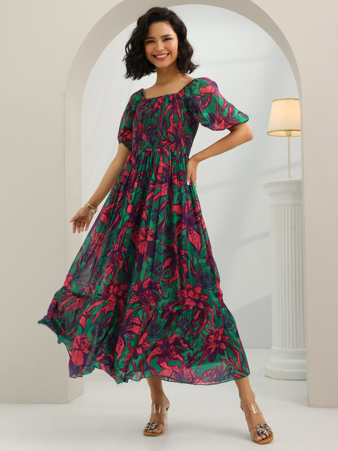  Green Printed Chiffon Fit And Flare One Piece Dress 