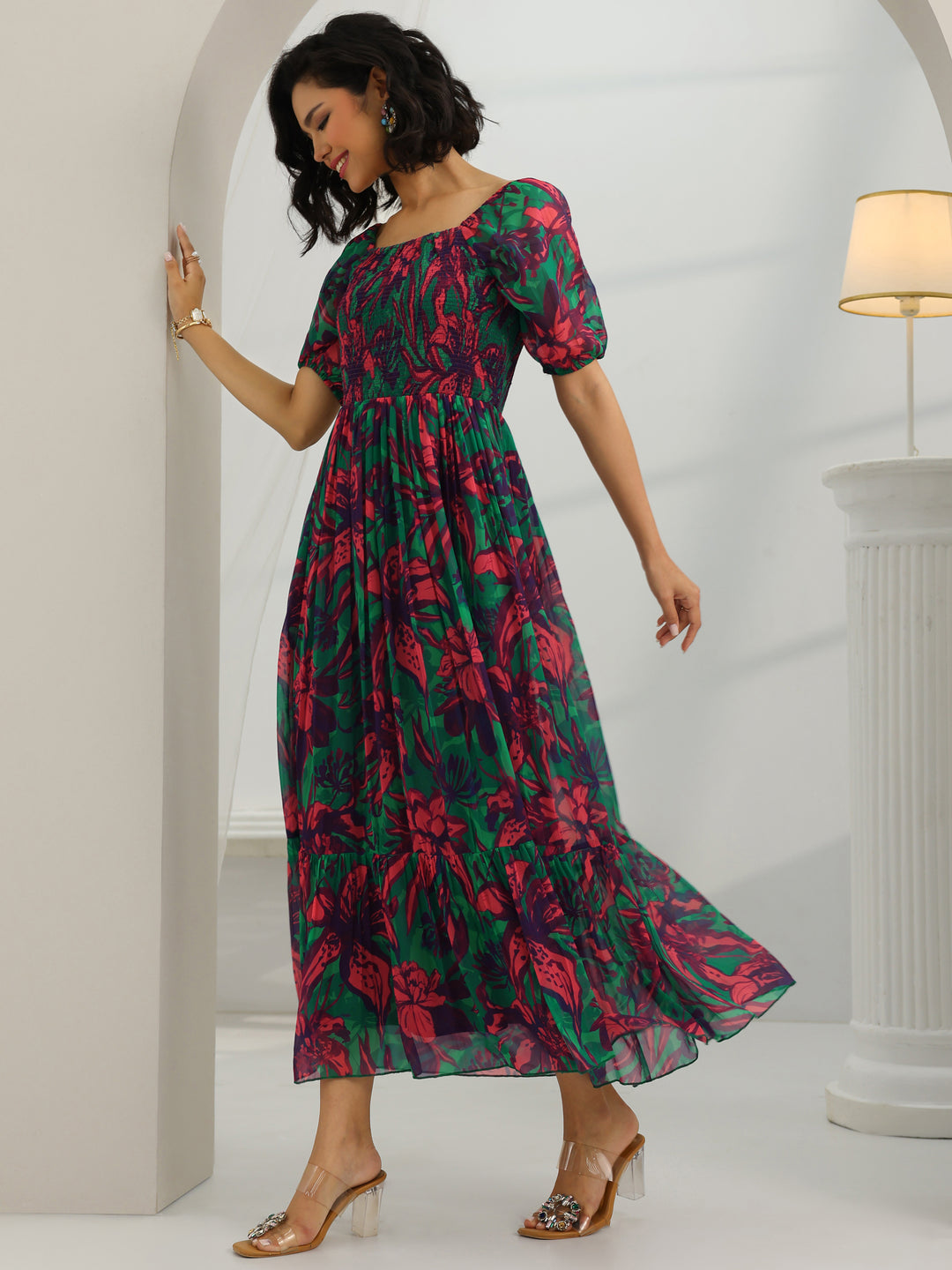  Green Printed Chiffon Fit And Flare One Piece Dress 