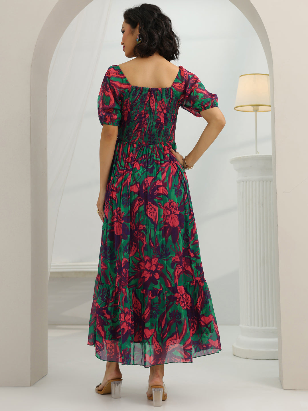  Green Printed Chiffon Fit And Flare One Piece Dress 