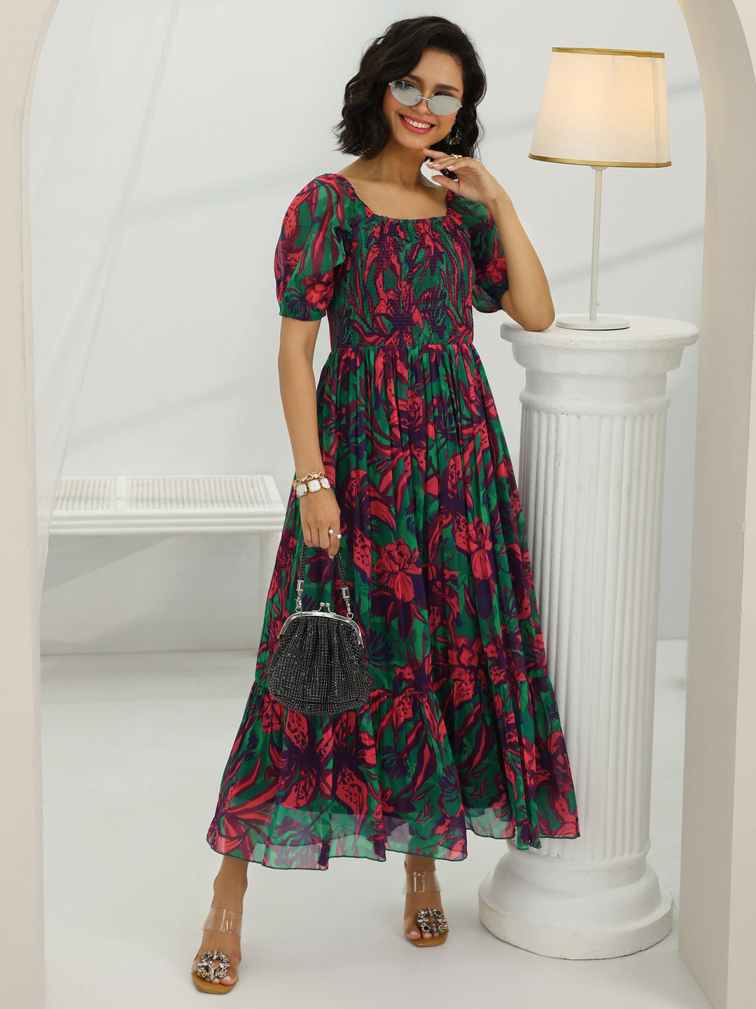  Green Printed Chiffon Fit And Flare One Piece Dress 