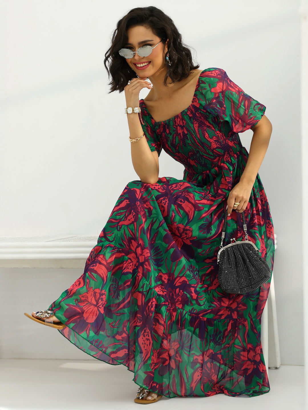 Green Printed Chiffon Fit And Flare One Piece Dress
