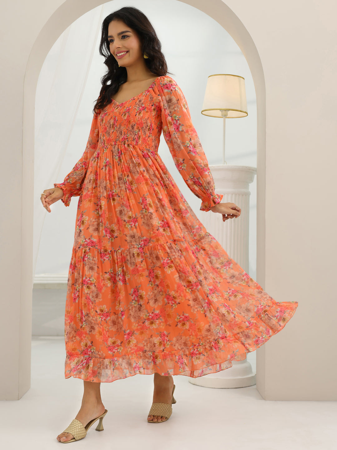  Orange Printed Chiffon Fit And Flare One Piece Dress 