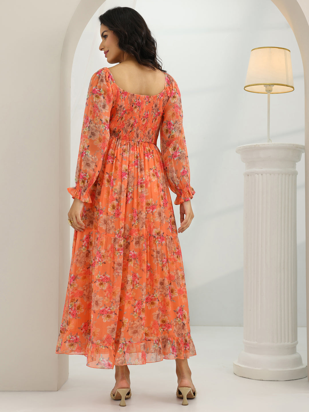  Orange Printed Chiffon Fit And Flare One Piece Dress 